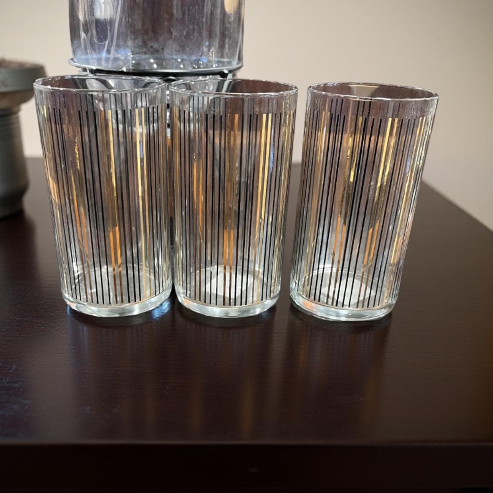 Vintage GEORGES BRIARD 'ICICLE' HIGH BALL GLASSES Gold-Striped 24k Gold Set 4